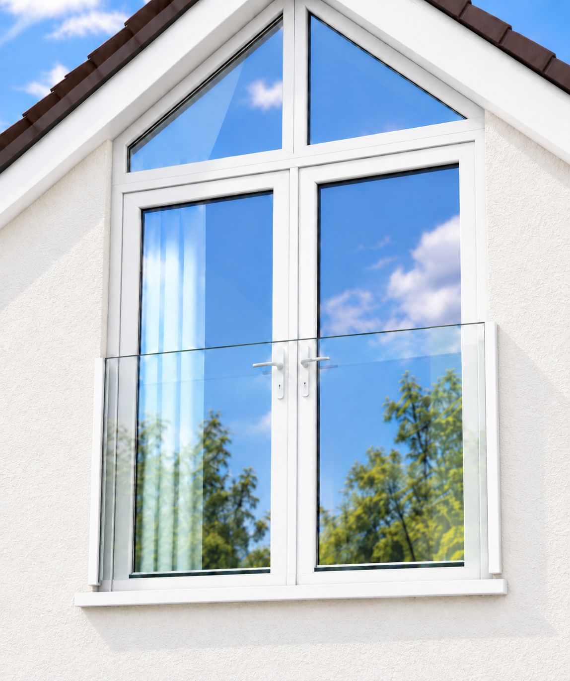 White top mount glass Juliet balcony installed across French doors