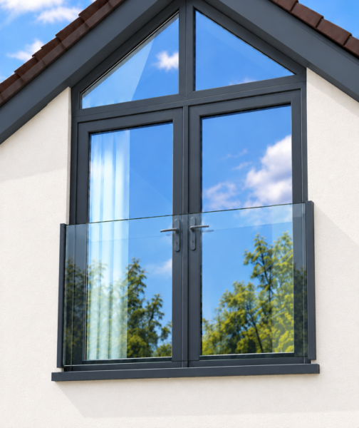 Anthracite grey glass Juliet balcony with aluminium side profiles