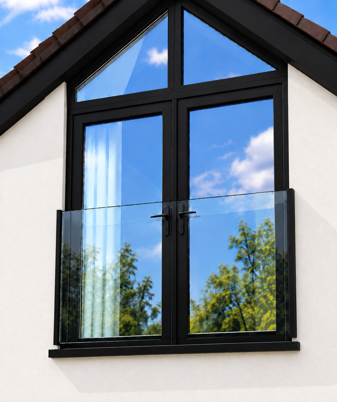 Black top mount glass Juliet balcony installed across French doors