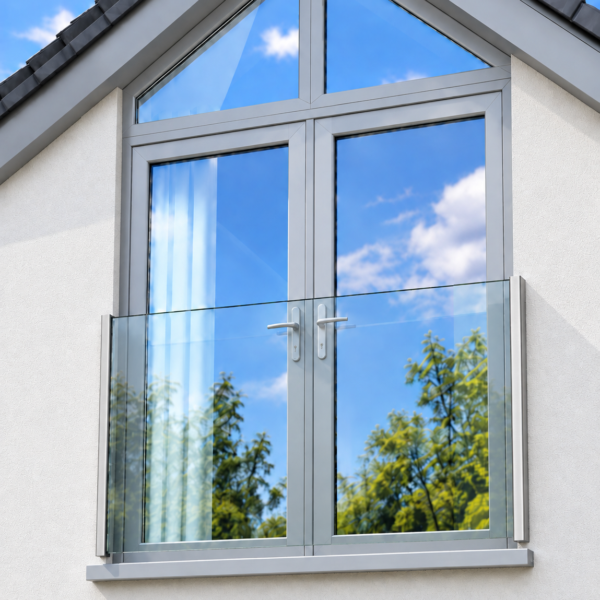 Aluminiun Anodised top mount glass Juliet balcony installed across French doors