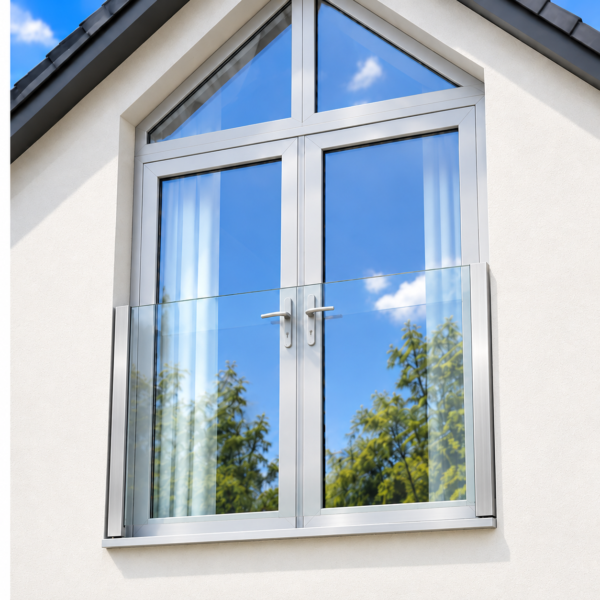 Anodised Aluminium side mount glass Juliet balcony installed across French doors