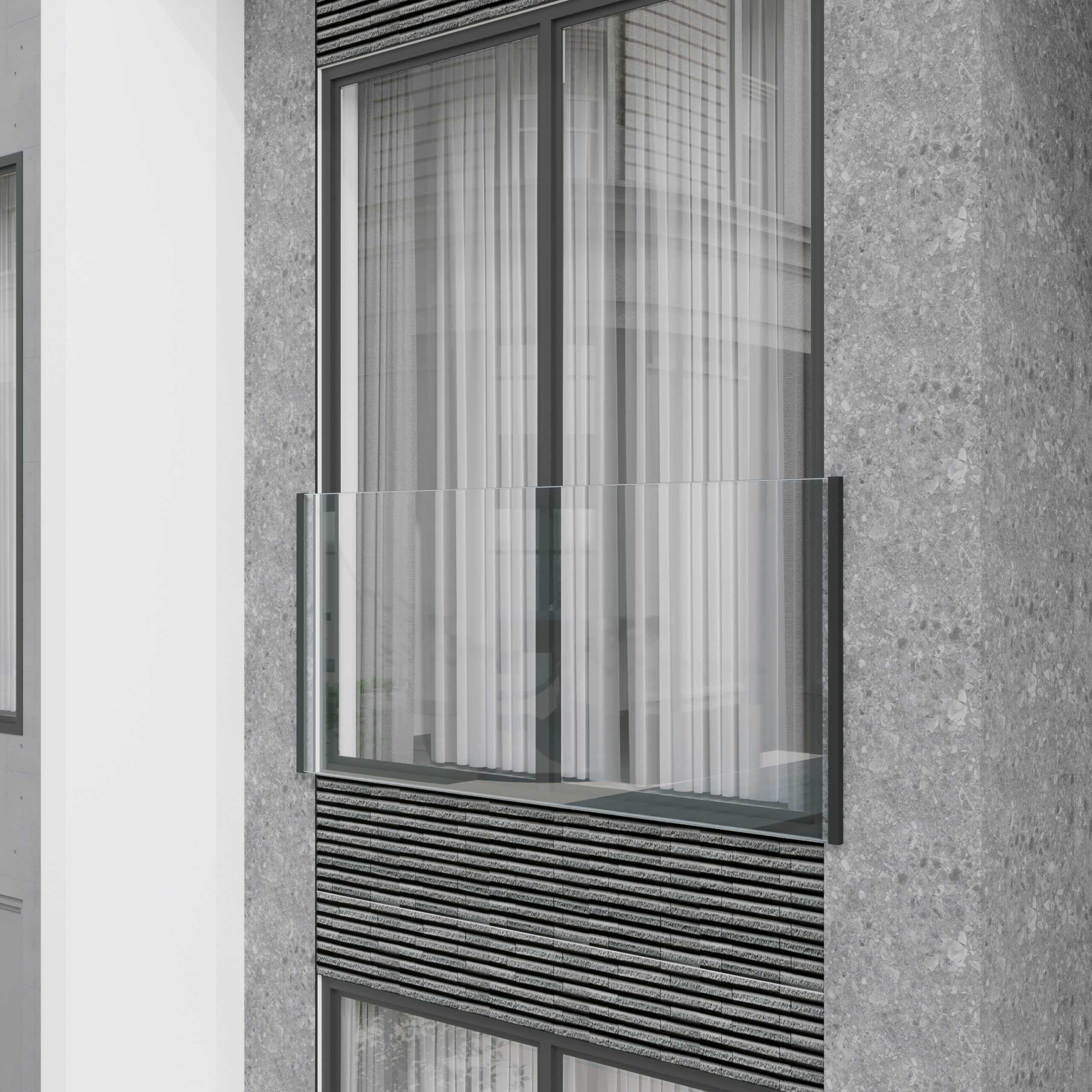 Glass Juliet Balcony with black SkyForce top mount system installed on a modern apartment.