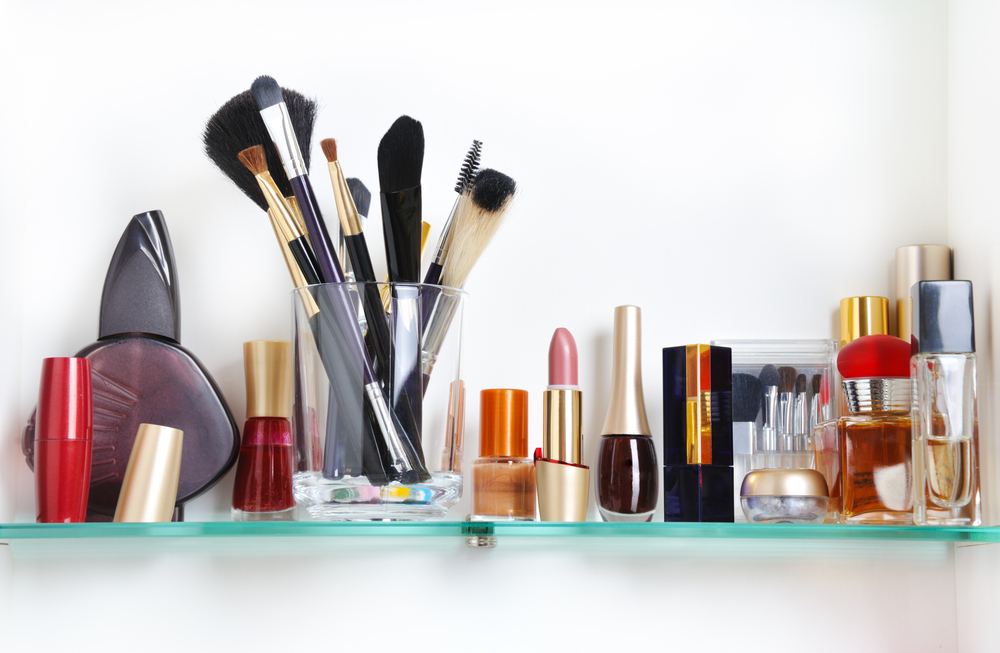 Cosmetics on glass shelf