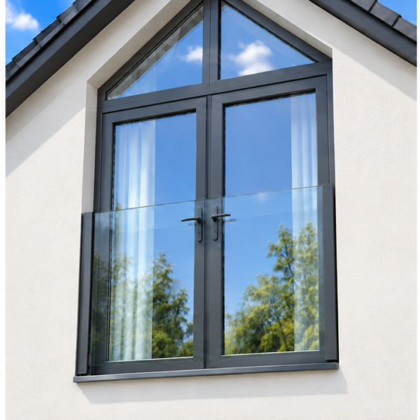 Grey side mount glass Juliet balcony installed across French doors