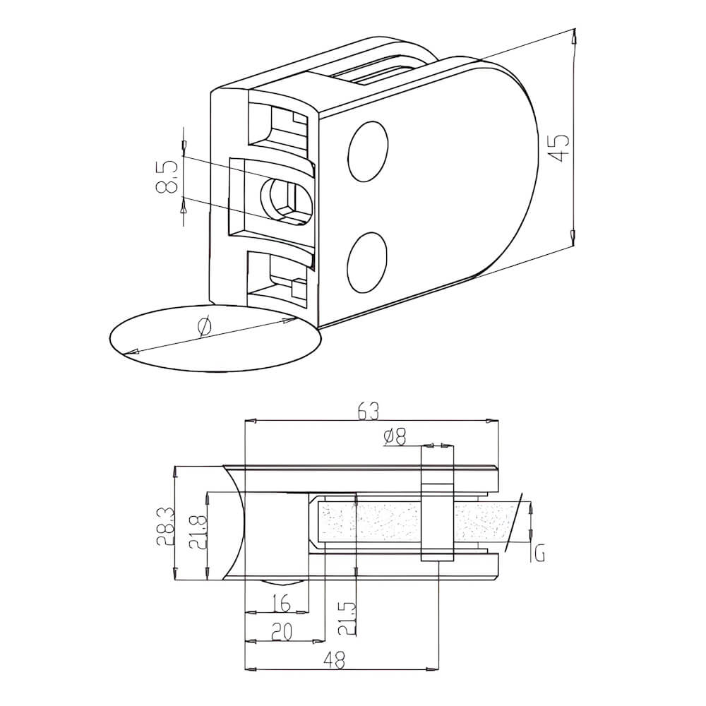 Round Back D Shaped Glass Clamp – 6mm to 12mm Glass - Image 2