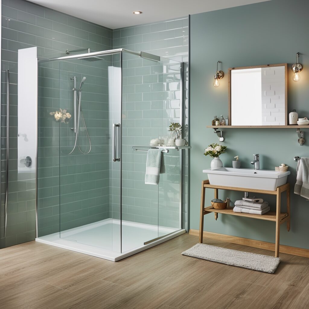 A clear glass shower enclosure in a duck egg colour tiled bathroom complete with clear toughened glass shower door.