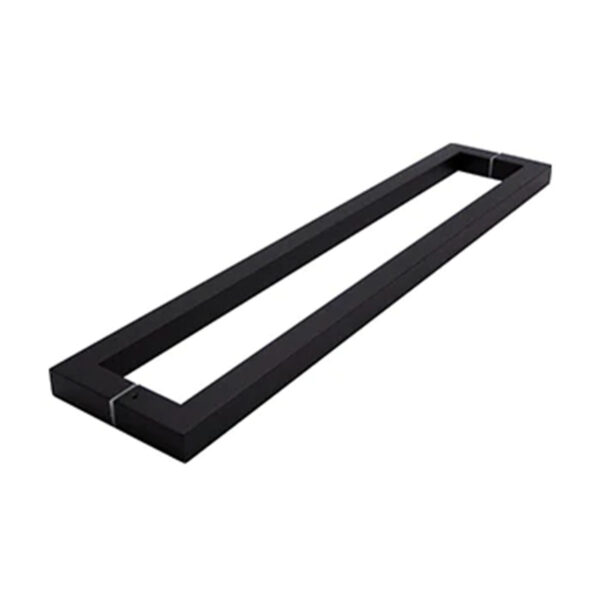 Black sqaure pull handles for glass doors.