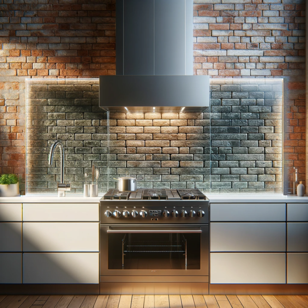 Clear glqass kitchen splashbacks in front of solid brickwork wall.