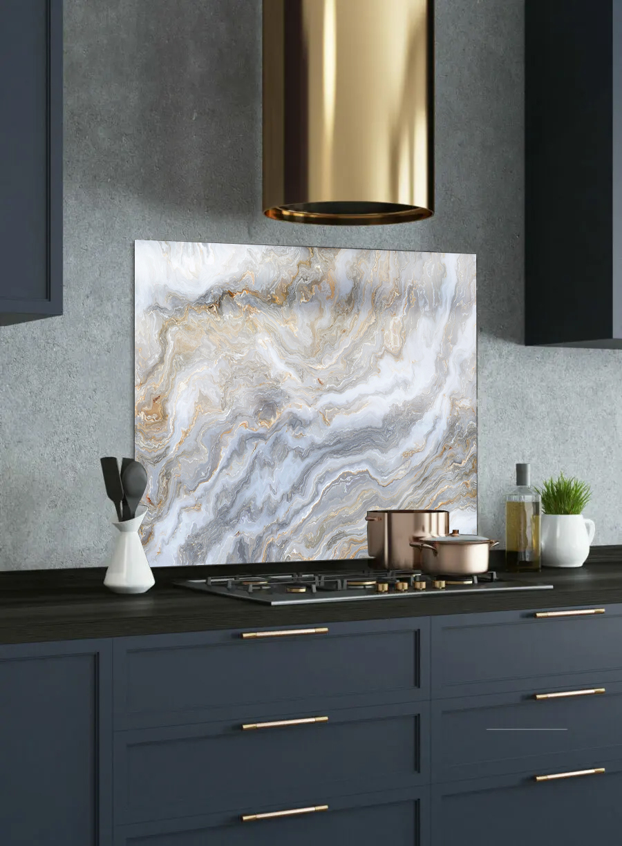 light grey marble printed glass splashback