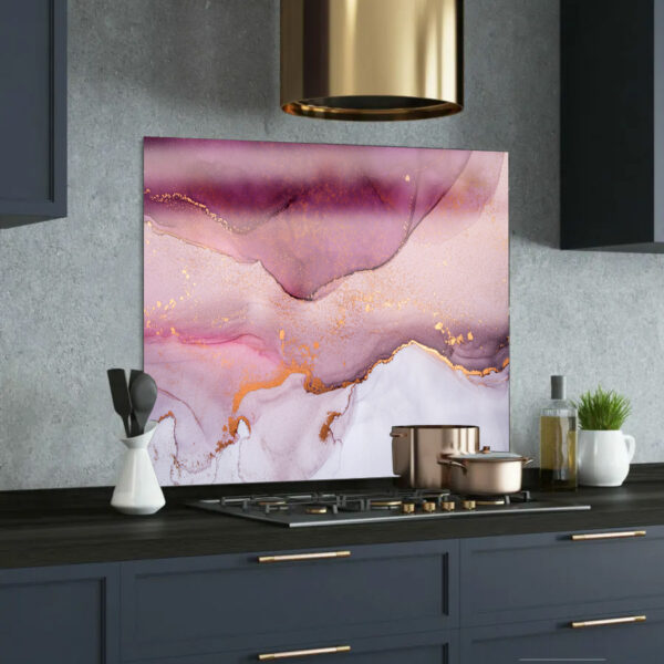 pink marble printed glass splashback