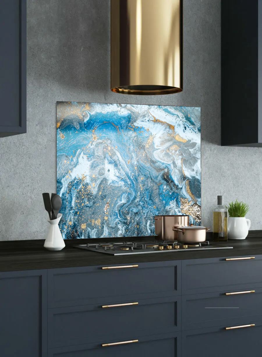 Blue with Gold Splatter marble printed glass splashback