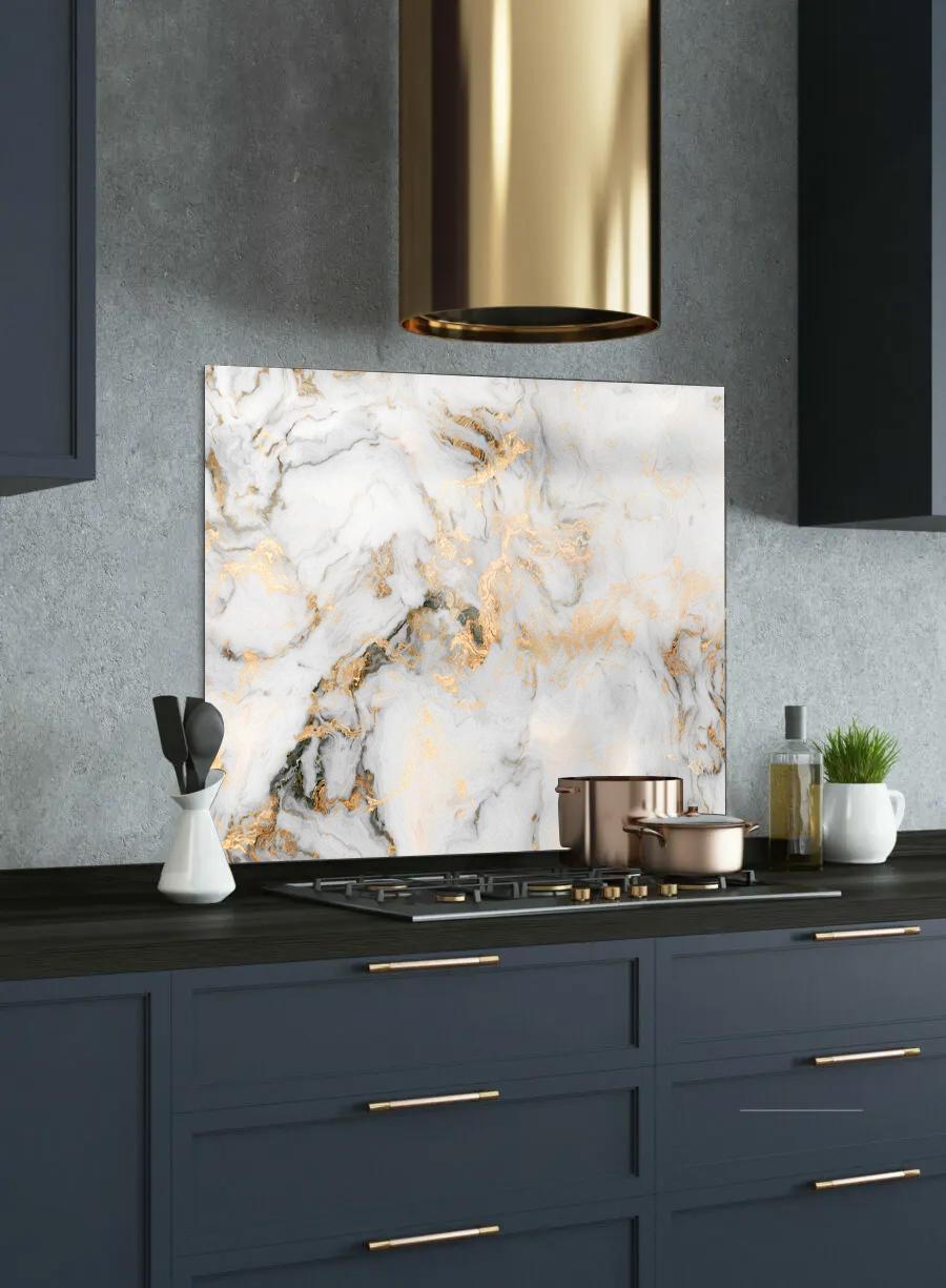 White, Grey, and Gold Marble Printed Glass Splashback