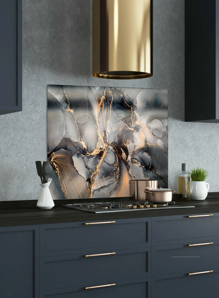 luxury grey & gold printed glass splashback