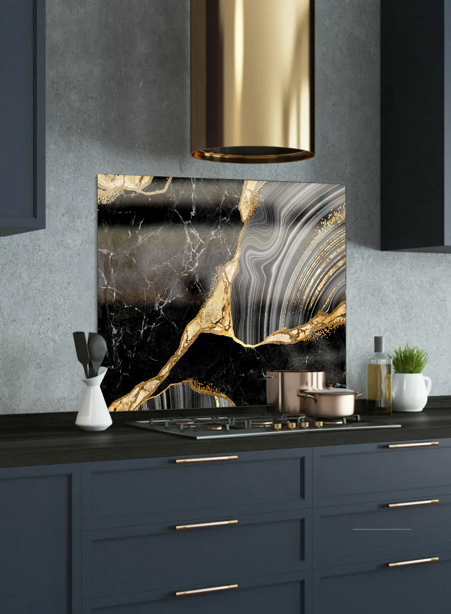 black, grey, and gold marble printed glass splashback