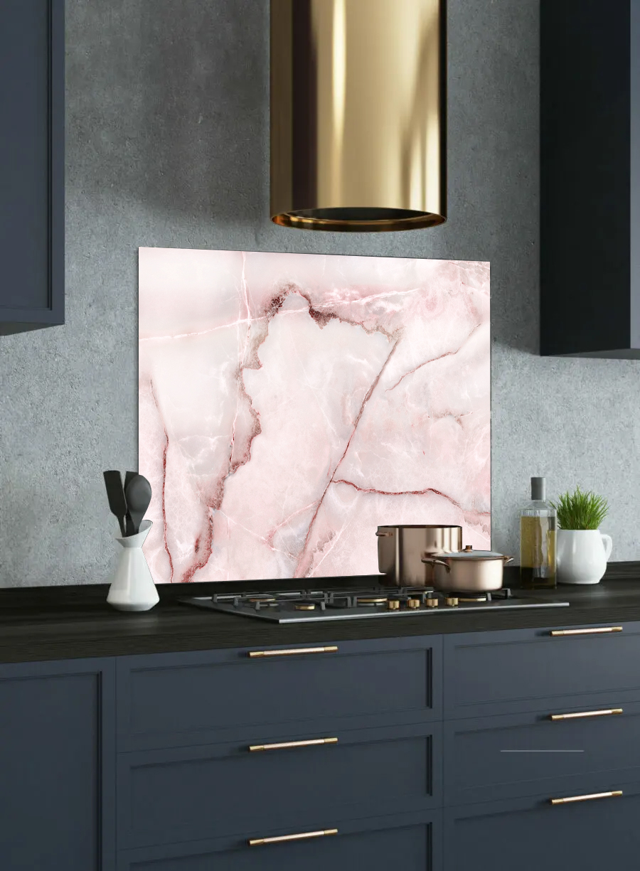light pink marble printed glass splashback