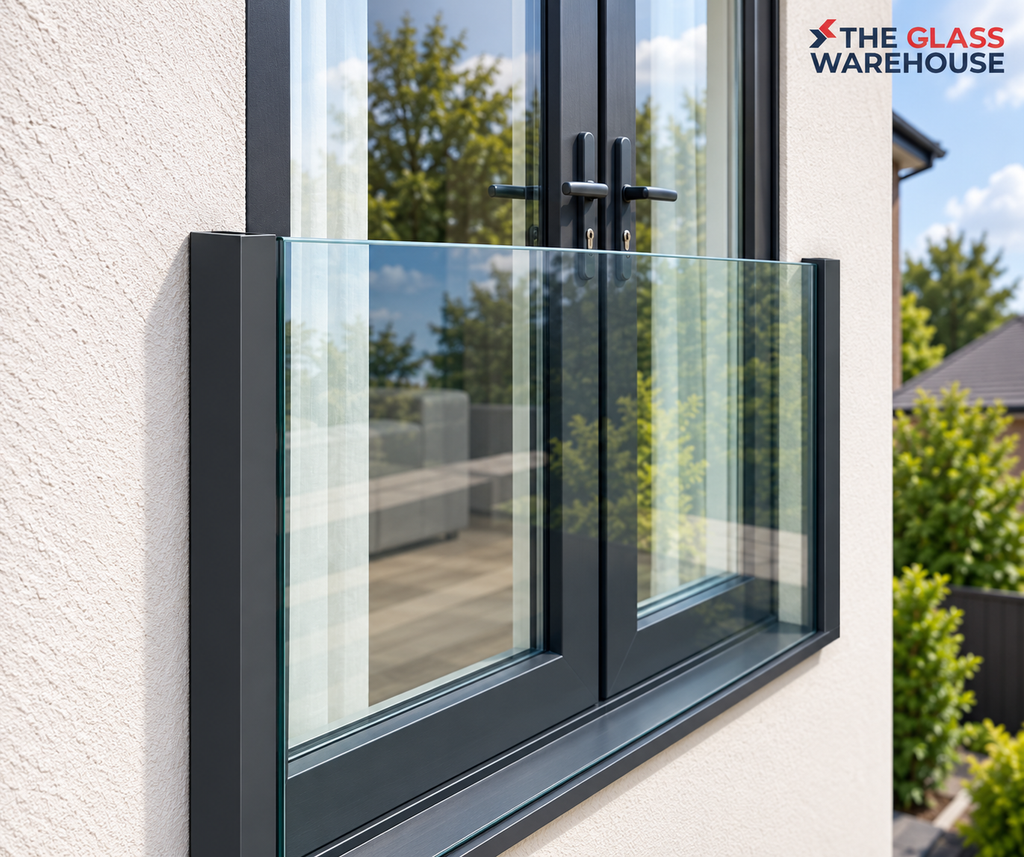 Juliet balcony safety glass and aluminium side fixing detail.